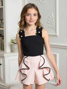 Tween Girls Floral Print Ruffle Strap Romper, Summer - Black - View 1