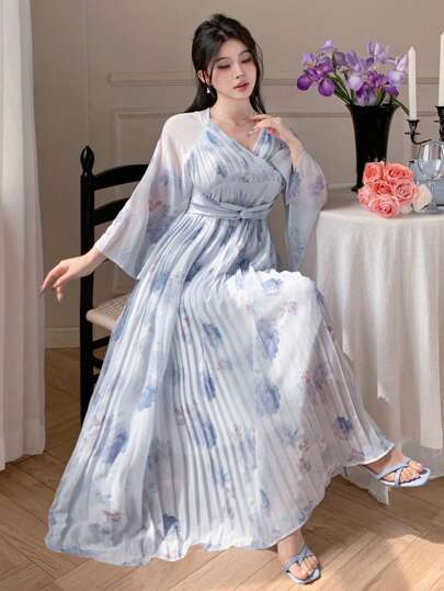 DAZY 女士花卉褶皱中长连衣裙