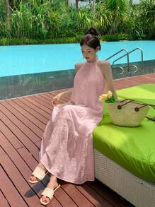 DAZY 女士纹理蕾丝刺绣提花吊带抽绳拼接连衣裙夏季吊带裙度假装女式邮轮装 - 粉色 - 查看 4