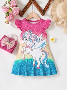 Baby Girl One-Piece Colorful Unicorn Ruffle Edge Cap Sleeve Summer Sleeveless Round Neck Sundress - Pink - View 3