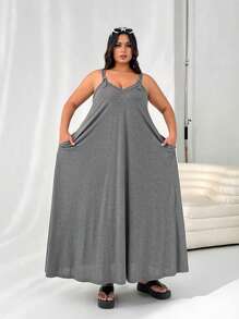 SHEIN EZwear Plus Size Grey Sleeveless Jumper Dress With Pockets
