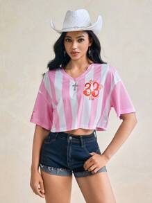 DAYDREAMS AND ICE CREAMS Designer Pink And White Mesh Vertical Stripes Printed Dropped Shoulder Short-Sleeve Cropped Top Sports Casual Blokette T-Shirts Women Spring Summer Top Crop Tops Summer Y2k Graphic Tees Rave Top - Multicolor - View 4