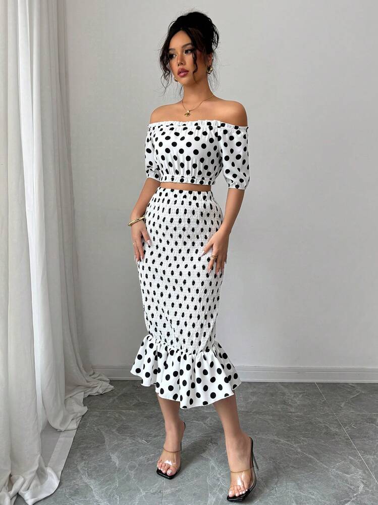 Elenzga Elegant Sexy Bohemian Off Shoulder Two-Piece Set: Polka Dot Frill Hem Cropped Top - White - View 5