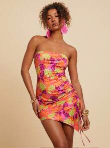 Travachic Women's Tropical Plant Print Pleated Tube Dress For Vacation, Women Floral Dress, Women Dresses Women Short Dresses,Vacation