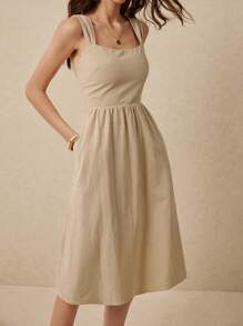 Poéselle Cotton Khaki Dress,Sundress, Casual Dress With Pockets,Summer Women Dresses,Women Linen Clothes,Beach Women Outfits,Women Square Neck Pleated Casual Long Dress Cotton Women Clothing Women Cotton Dress - Apricot - View 2