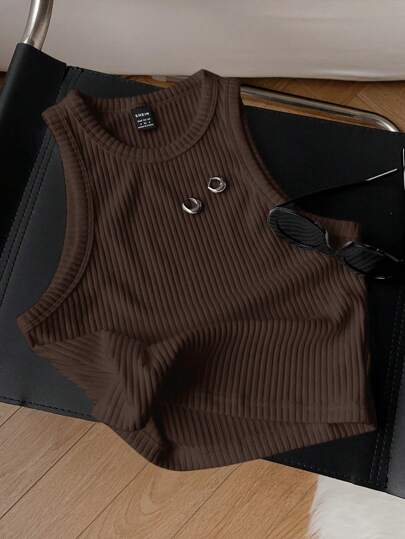 Comfortcana Women's Solid Color Ribbed Brushed Tank Top, Suitable For Daily Wear Brown