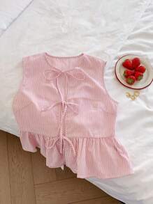 Comfortcana Women Striped Front Tie Ruffle Hem Sleeveless Blouse - Red and White - View 5