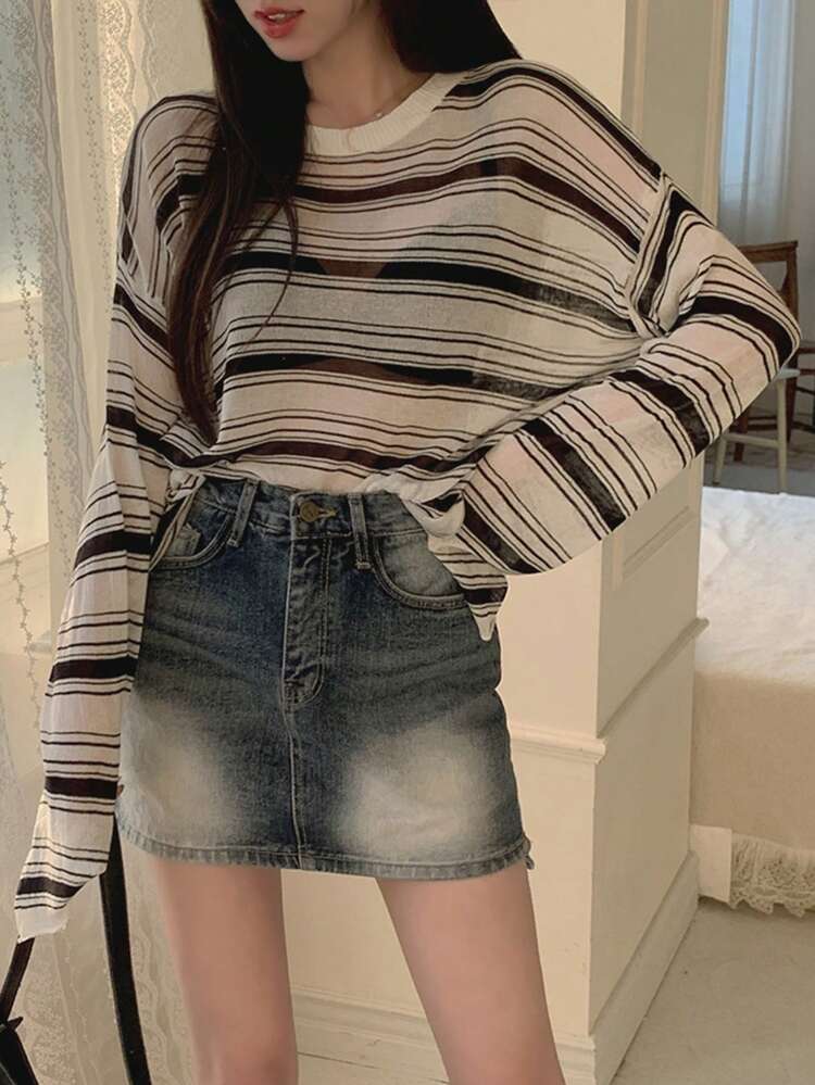 女性用ストライプ半透明カジュアルオーバーサイズ長袖セーター、秋冬ファッション ニットトップス