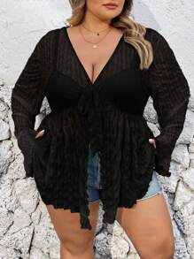 SHEIN CURVE+ 大码女式针织纹理透明前系腰喇叭袖上衣带蝴蝶结装饰 - 黑色 - 查看 3