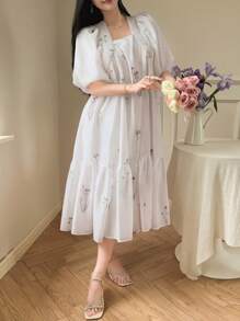 DAZY V-Neck Flower Print Lantern Sleeve Women's Mid-Length Dress Floral - Beige - View 7