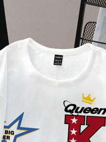 SHEIN EZwear 95%纯棉女士休闲圆领短袖T恤，印有标语 - 彩色 - 查看 4