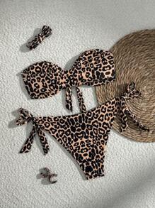 SHEIN Swim 2pcs/Set Leopard Print Halter Tie Front Sexy Bikini Set For Summer Beach Vacation - Multicolor - View 6