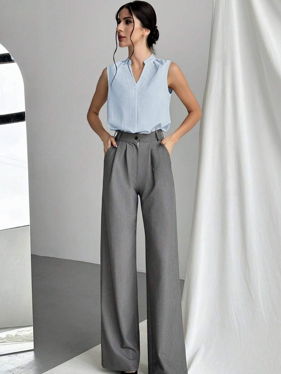 Firerie Women's Minimalist Chic V-Neck Blouse, Commute & Office Wear - Baby Blue - View 1