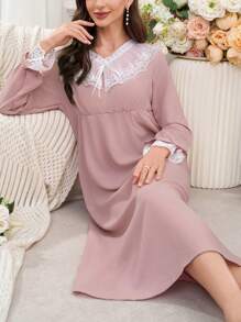 Women's Vintage Palace Style Lace Patchwork Ruffle Hem Sleepwear Dress - Multicolor - View 2