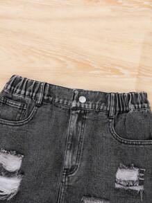 Teen Girl Letter Print Round Neck Short Sleeve Top And Distressed Denim Jeans 2pcs Casual Set