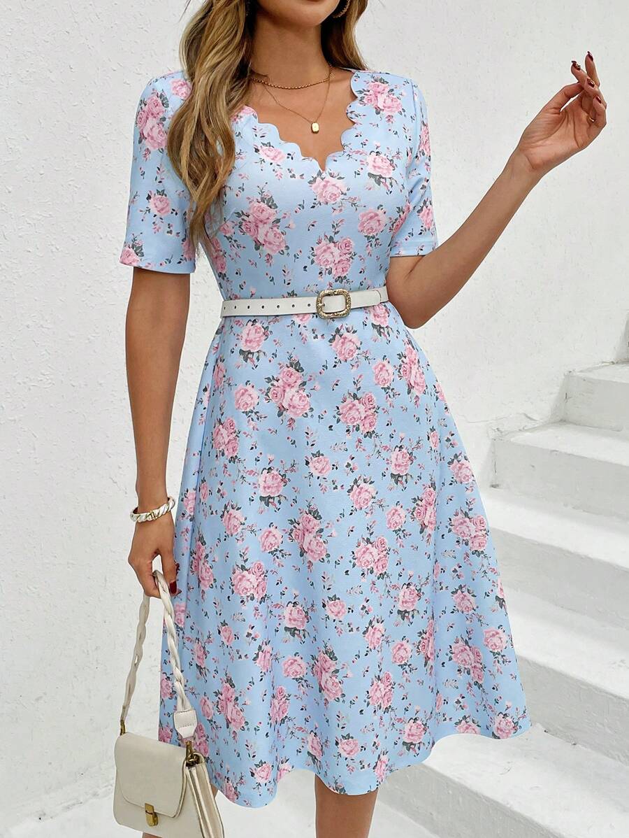 SHEIN Clasi Summer Holiday Outfits  Women Elegant V-Neck Shell Trim Blue Flower Print Slim A-Line Summer Vacation Dress  Floral Summer Dresses For Women Slim Fit High-End Dress Vacation Outfits Woman  Spring Dresses For Women Sun Dresses For Women Floral Dress Blue Dresses For Women Women Summer Clothes - Multicolor - View 1