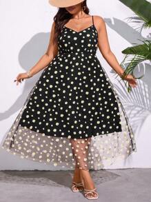 SHEIN Clasi Plus Size Women Woven Fabric Patchwork Daisy Net Elegant Spaghetti Strap Black Dress, Summer Outfits For Women, St. Patrick's Day Rave Outfits, Spring Break Outfits, Boho - Black - View 4
