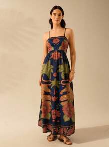 CAJUNI 女士节日吊带露背椰子豹纹杜鹃印花背心休闲夏装优雅气质 - 彩色 - 查看 7