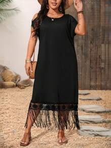 Breezaya Plus Size Women's Solid Color Off The Shoulder Sleeve Patchwork Tassel Fringe Mini Dress - Black - View 1
