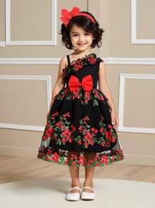SHEIN Vestido sin mangas con tirantes de moño, lindo y elegante para niñas jóvenes