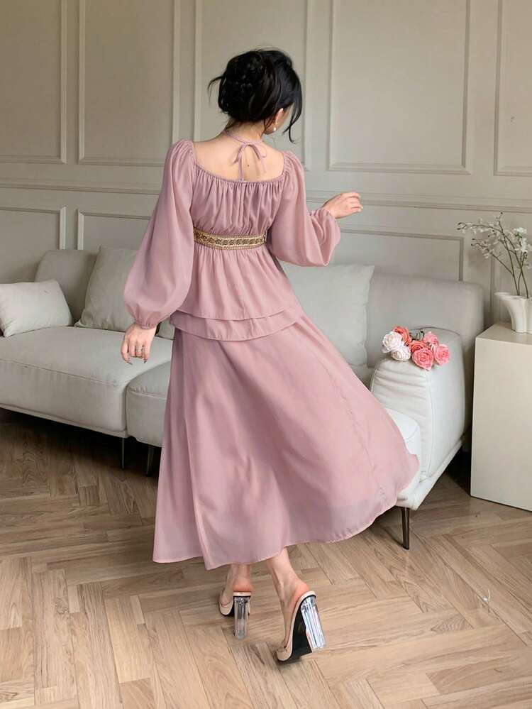 2pcs Women's Set: Patchwork Halter Neck Long Sleeve Shirt & Skirt