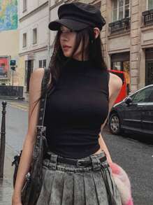 Strévra Canotta casual da donna aderente con collo alto e senza maniche, stile street Y2K