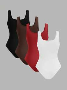 SHEIN EZwear Bộ 4 bộ đồ liền thân không tay cổ tròn thường ngày dành cho nữ, dáng ôm, thích hợp cho mùa hè - Nhiều màu - Xem 2