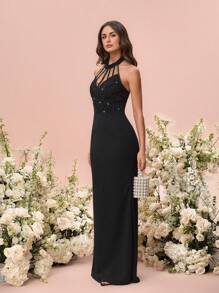 Glamine Women's Elegant Mesh Panel High Slit Halter Neck Dress,Black Summer Dining Wedding Guest Prom Formal Outfits Criss-Cross Backless Strap Mini Dress - Black - View 1