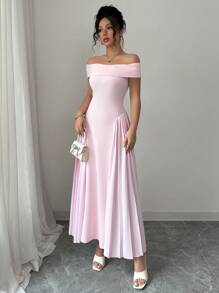 Elenzga Women's Elegant Off Shoulder Flared Dress, Spring/Summer - Pink - View 6