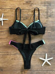 SHEIN Swim 2件套女士夏季性感无钢圈拼接撞色背心和丁字裤细肩带比基尼套装 - 彩色 - 查看 2