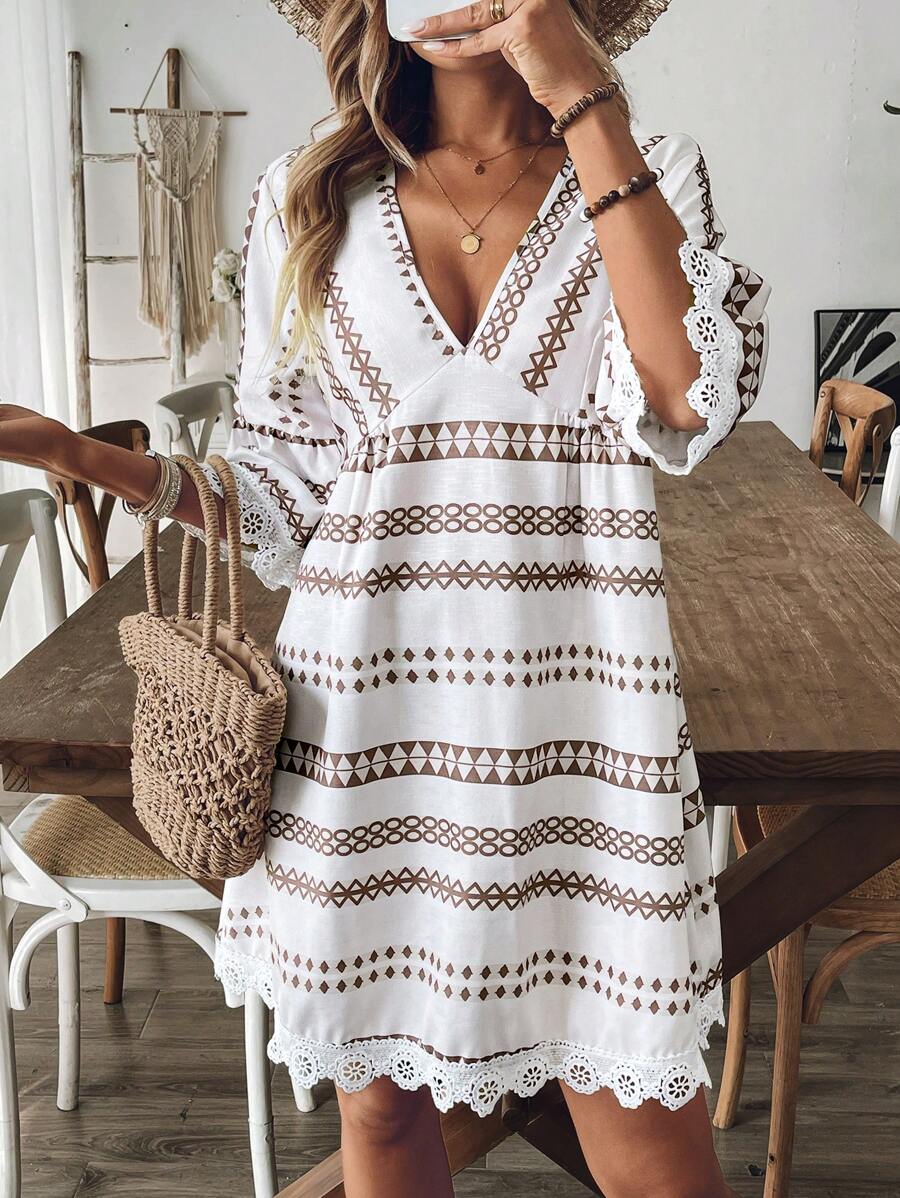 Breezaya Women Striped V-Neck Geometric Pattern Sexy Casual Vacation Khaki Long Sleeve Dress, Elegant Party Dress - Khaki - View 1