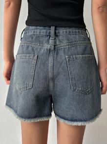 DAZY Quần short denim ống rộng rách gấu dáng casual mùa hè. - Rửa trung bình - Xem 4