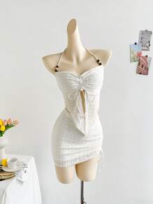 Soleia 2pcs Women's Vacation Floral Textured Asymmetric Hem Halter Top And Mini Skirt Set - Apricot - View 3