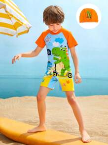 Young Boy Colorblock Cartoon Printed Zipper Back One-Piece Swimsuit With Hood, Position Print Summer Holiday - Multicolor - View 3