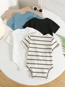 SHEIN Set de 4 bodys de manga corta con rayas elásticas y diseño lindo para bebé niño/niña, conjunto básico de body, primavera/verano - Multicolor - Ver 2