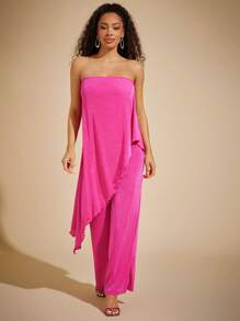 Vixey 不对称垂坠露肩阔腿连体裤，夏季，度假装，波西米亚风 - 粉色 - 查看 1