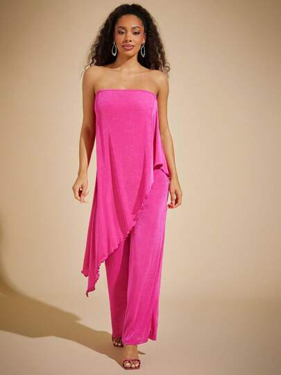 Vixey Asymmetrical Draped Strapless Wide Leg Jumpsuit, Summer, Vacation Outfit, Boho