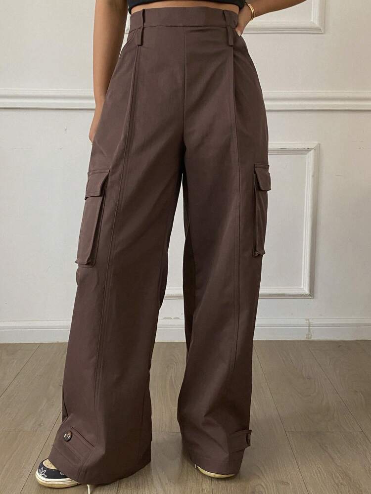 Plain Loose Fit Cargo Pants With Pockets & Buckle Straps, Women Wide Leg Pants Women Dress Pants