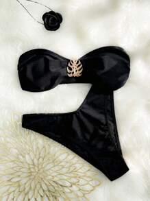 SHEIN Swim 2pcs/Set Solid Color Shiny Fabric Metal Decor Bandeaus Stylish Simple Bikini Set