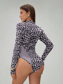 Roylia 女士豹纹网眼拼接长袖露指紧身衣，时尚