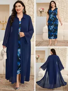 Al Najma Plus Size Women Floral Print Sleeveless Dress & Robe Set, Loose Abaya Style - Multicolor - View 1