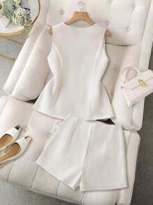 GlowEve 2pcs Women Solid Color Sleeveless Tank Top & Mini Skirt Set, Minimalist & Fashionable, Suitable For Summer