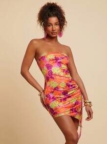 Travachic Women's Tropical Plant Print Pleated Tube Dress For Vacation, Women Floral Dress, Women Dresses Women Short Dresses,Vacation