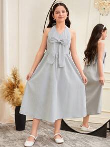 SHEIN Tween Girls Bow Decor Striped Mid-Length Casual Dress - Light Grey - View 9