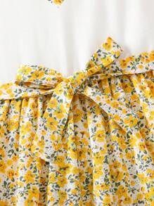 SHEIN Leap Crew Tween Girl Heart & Floral Print 2 In 1 Patchwork Casual Holiday Short Sleeve Dress - Yellow - View 5