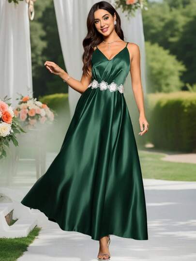SHEIN Belle Women Woven Green Cinched Waist Ruffle Hem A-Line Ball Gown, Wedding Guest Dress Music Festival Spring/Summer, Party Dress, Prom Dress