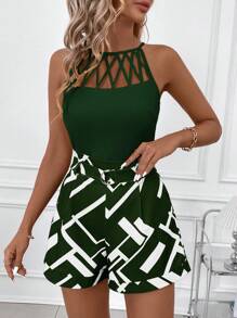 Conjunto de 2 piezas  Clasi para mujer, camisola amarilla con diseño geométrico hueco y pantalones cortos con bolsillos, conjuntos de verano - Verde Oscuro - Ver 6