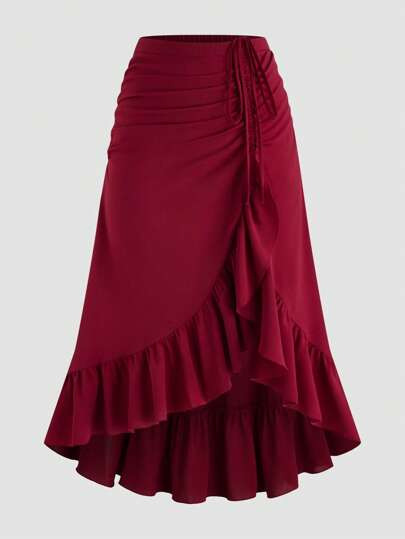 SHEIN MOOSTA 大码女式新款勃艮第复洛克风格高腰低下摆系带荷叶边多层裙子，派对/波西米亚风裙子，春夏，情人节礼物