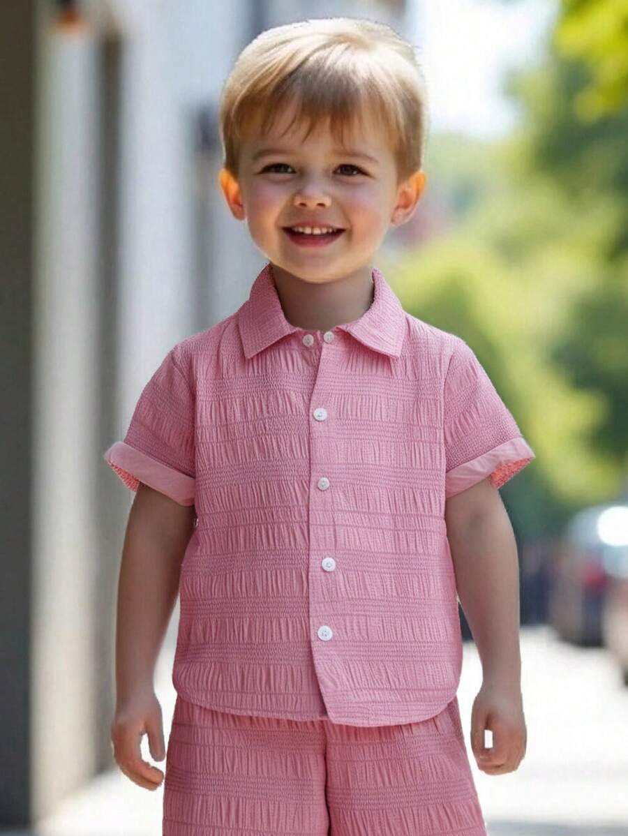 SHEIN Explorewe 男童夏日假期舒適純色紋理襯衫 - 粉色 - 查看 1