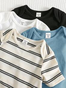 SHEIN Set de 4 bodys de manga corta con rayas elásticas y diseño lindo para bebé niño/niña, conjunto básico de body, primavera/verano - Multicolor - Ver 5